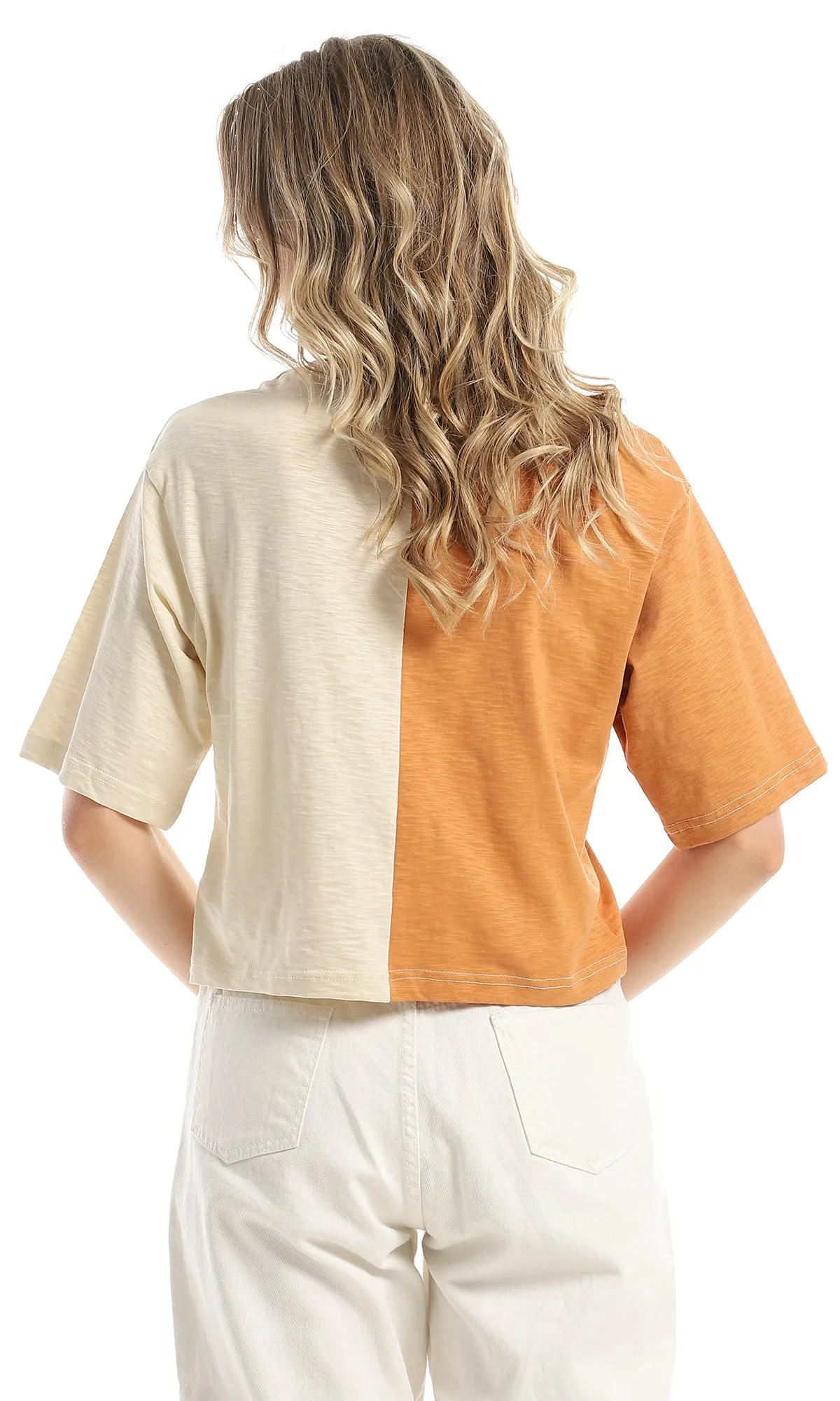 97857 Bi-Tone Elbow Sleeves Loose Tee - Beige & Carrot Orange