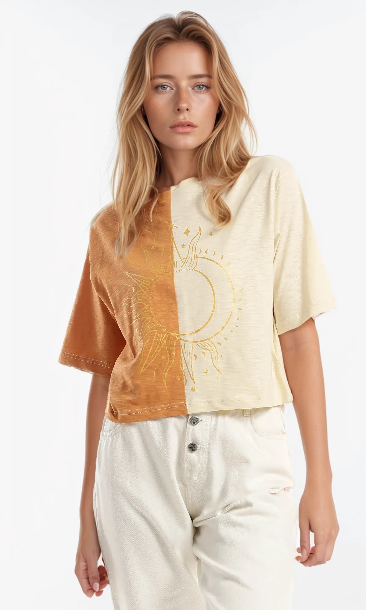 97857 Bi-Tone Elbow Sleeves Loose Tee - Beige & Carrot Orange