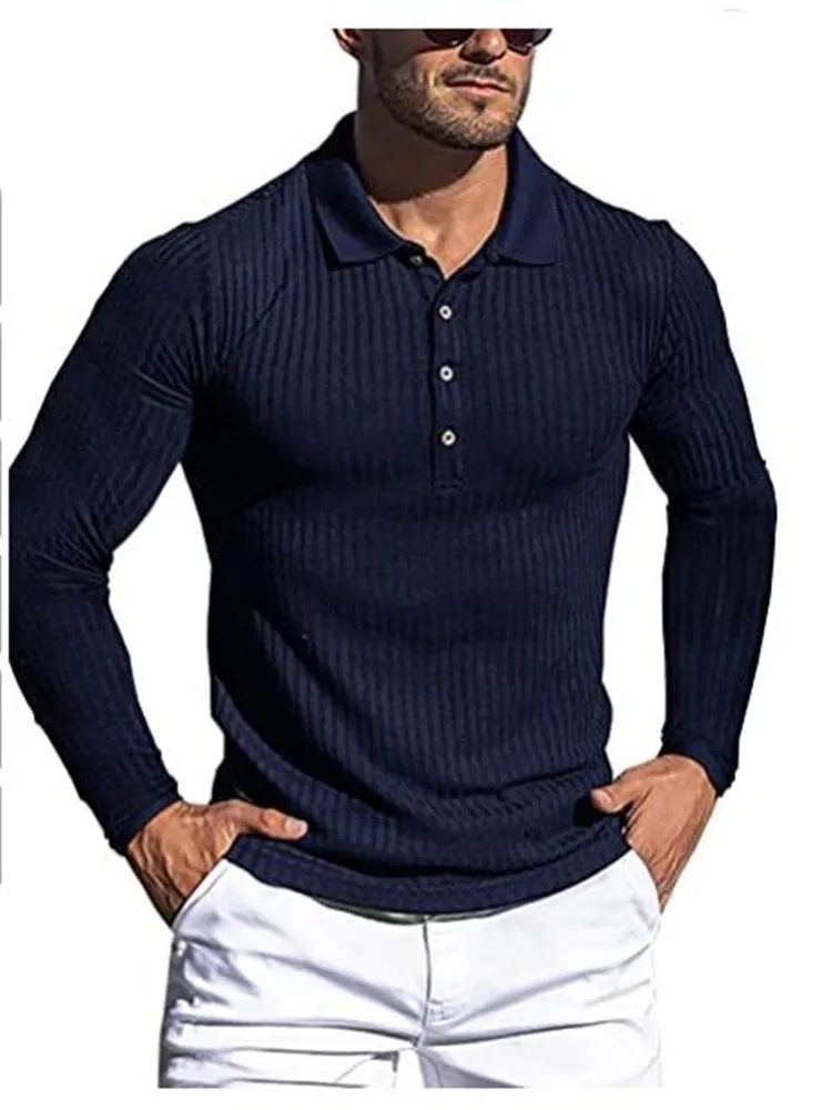 Aidase Men Long Sleeve Polo Shirt Button Design Turn down collar pure Color Polos Male Clothing Streetwear Casual Fashion Men Tops