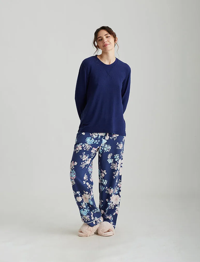 Alice Floral Pant and Feather Soft Long Sleeve Top in Navy