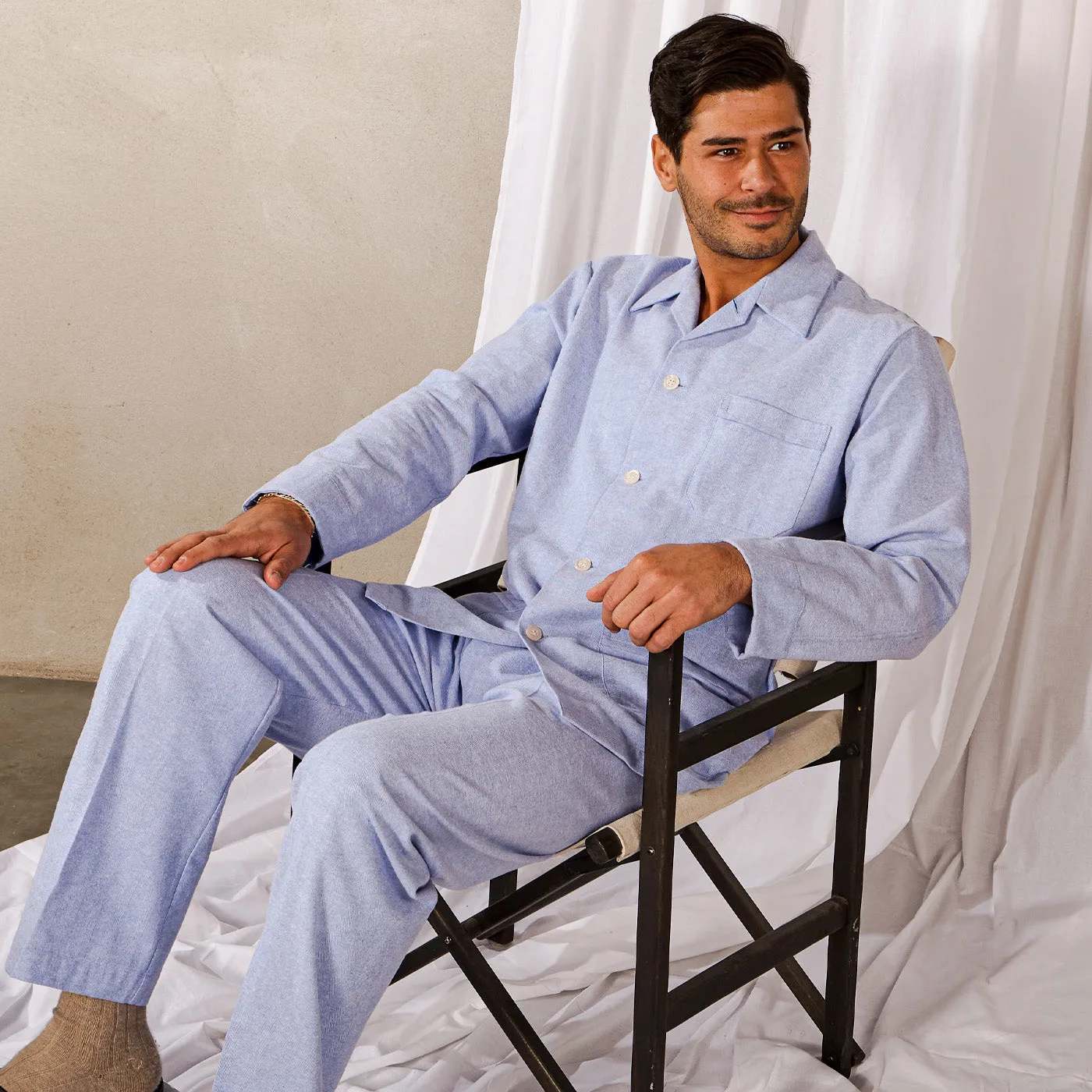 Blue Herringbone Cotton Classic Fit Pyjamas