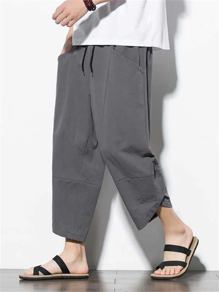 Casual Relaxed Wide Leg Cropped Harem Pants For Men