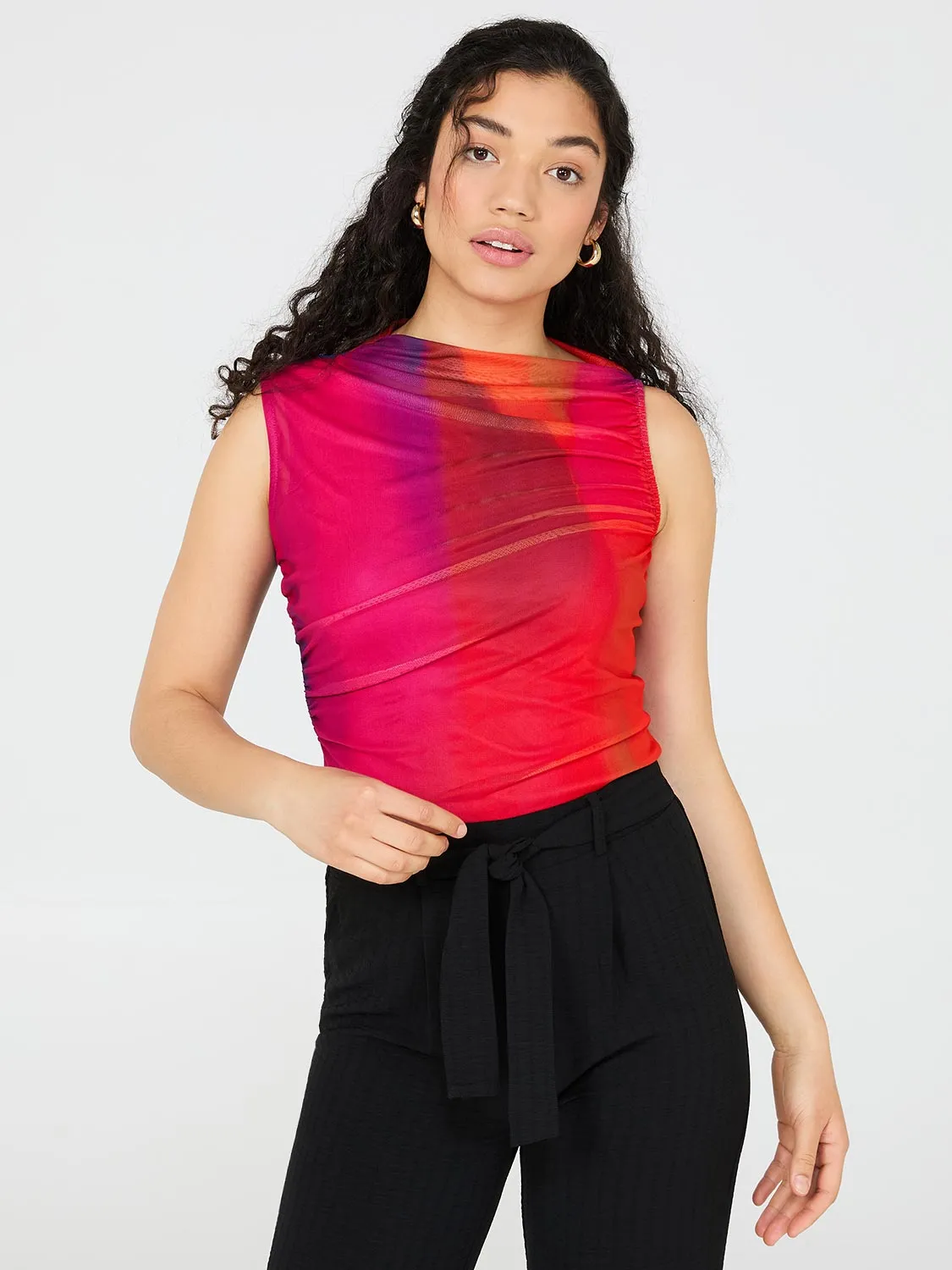 Colourwash Asymmetrical Neckline Mesh Top