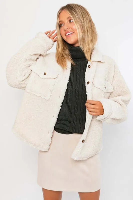 Cream White Cozy Teddy Shacket Jacket