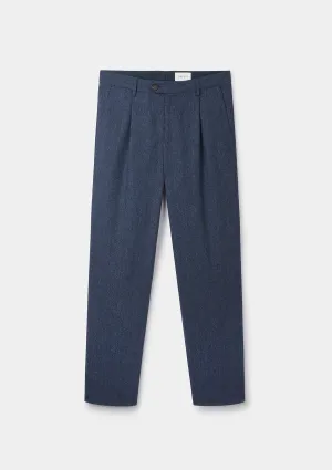 Dark Blue Wool Tweed Pleated Trousers