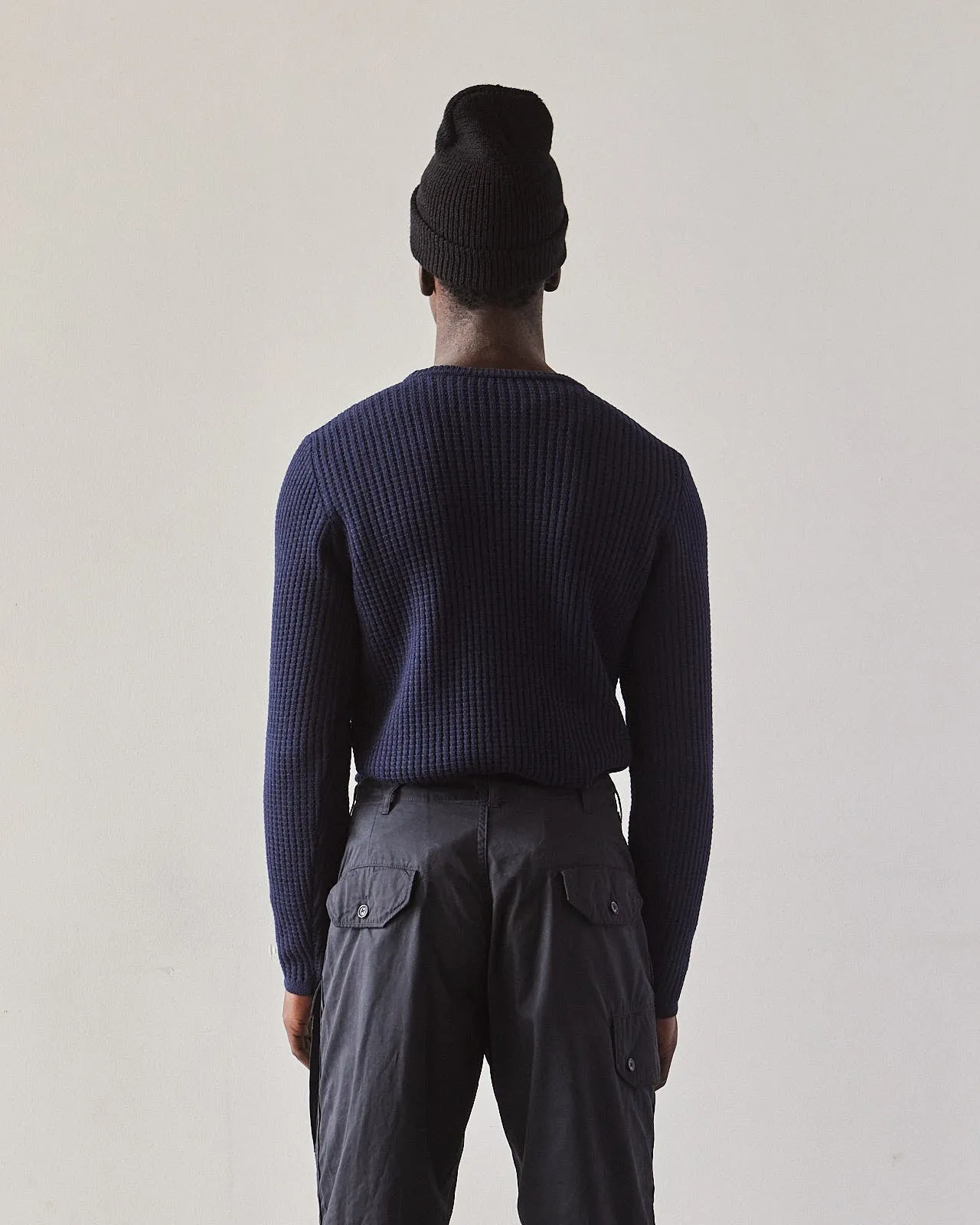 Engineered Garments Crew Neck Fisherman Sweater, Navy Waffle