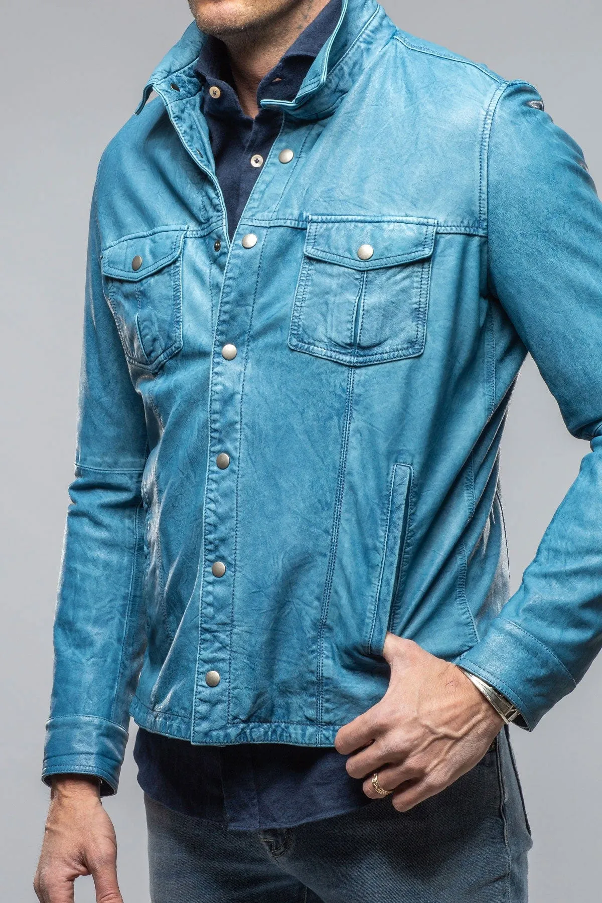 Enna Washed Leather Shirt Jacket In Denim