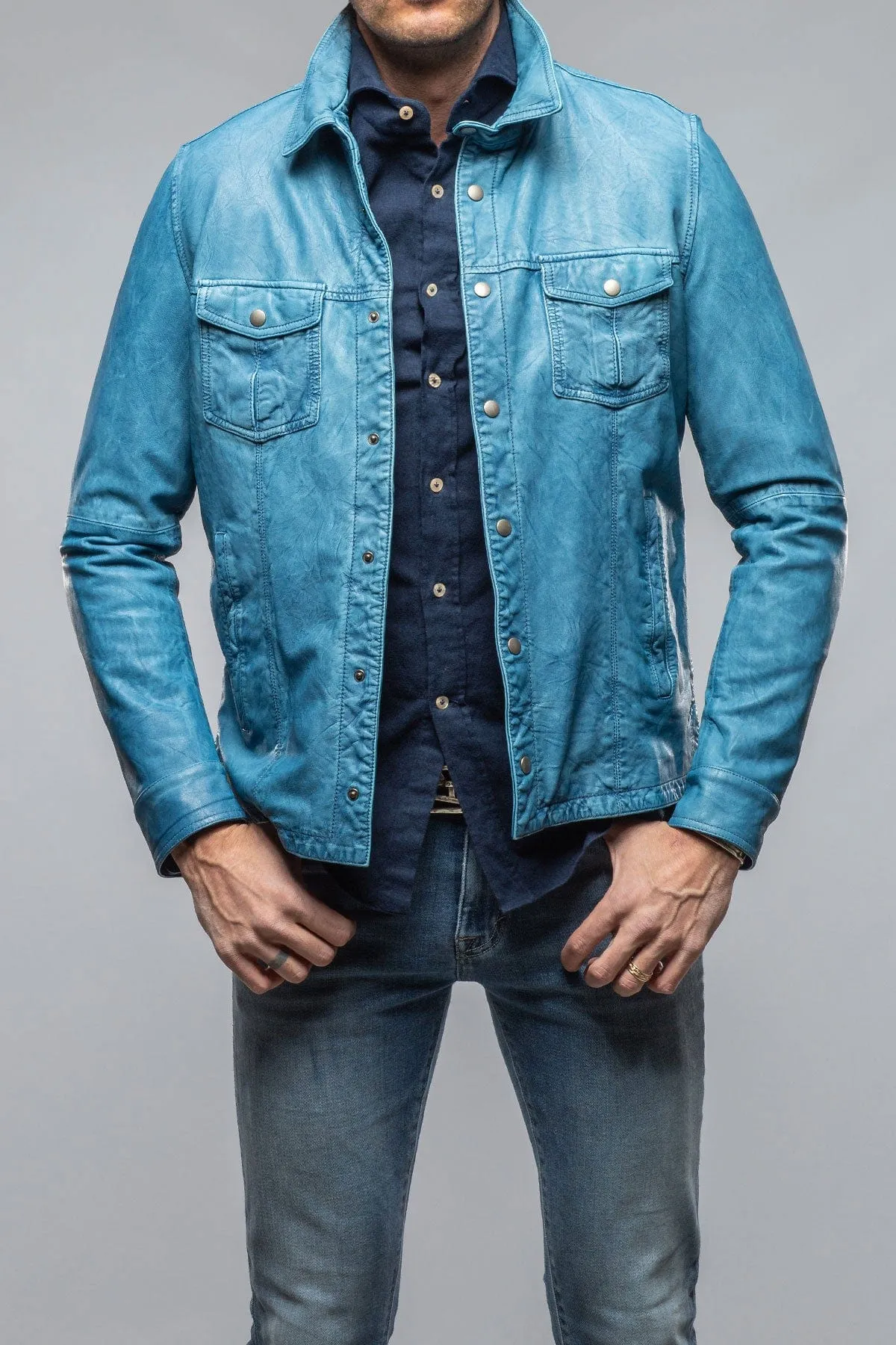 Enna Washed Leather Shirt Jacket In Denim