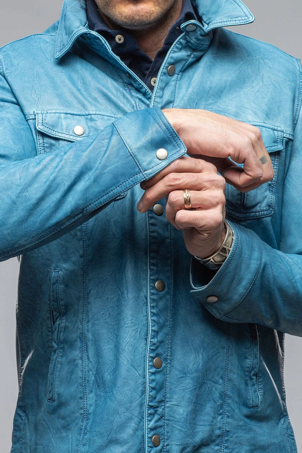 Enna Washed Leather Shirt Jacket In Denim