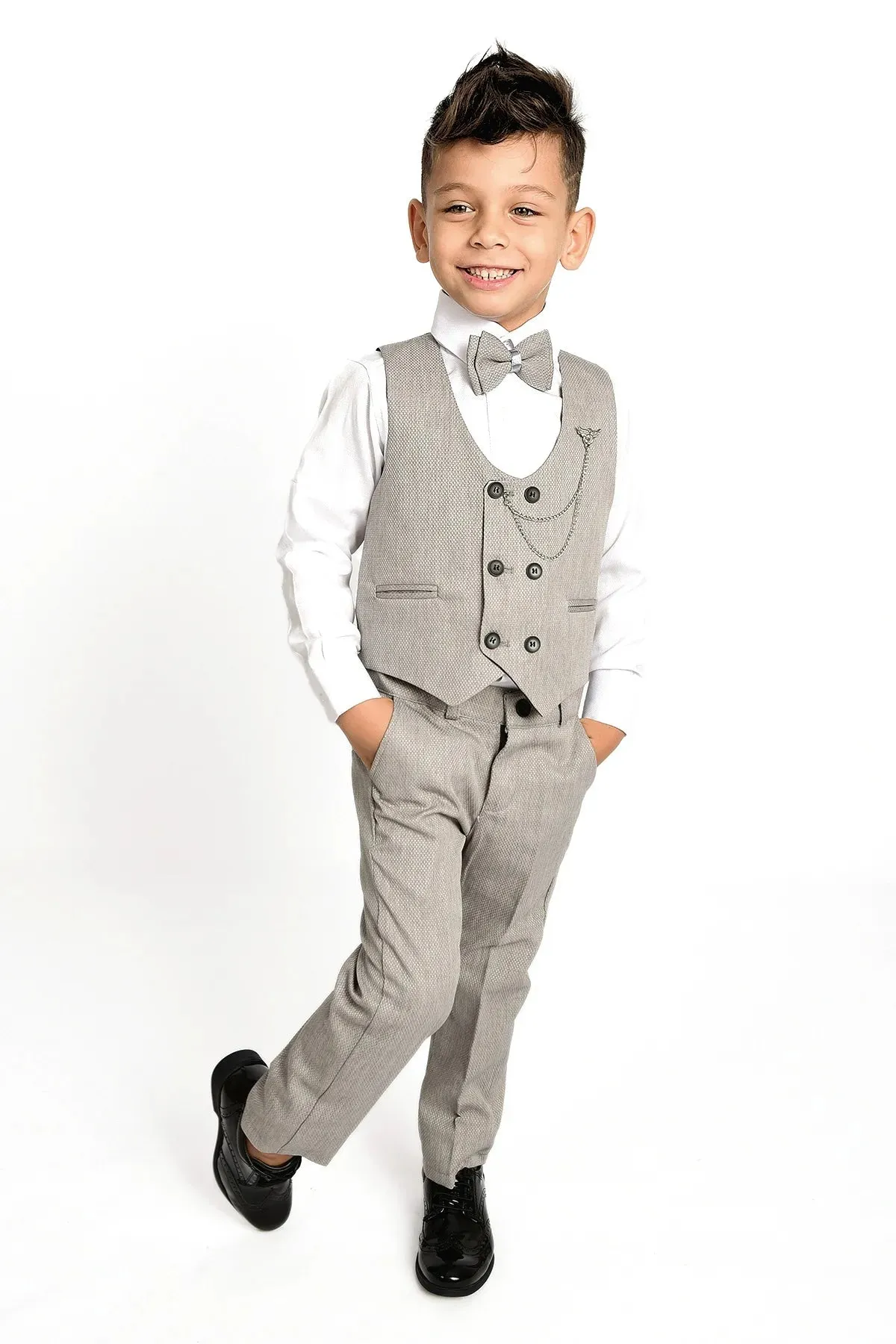 Entel Boy's Grey Chain Tuxedo Vest and Bow Tie Suit