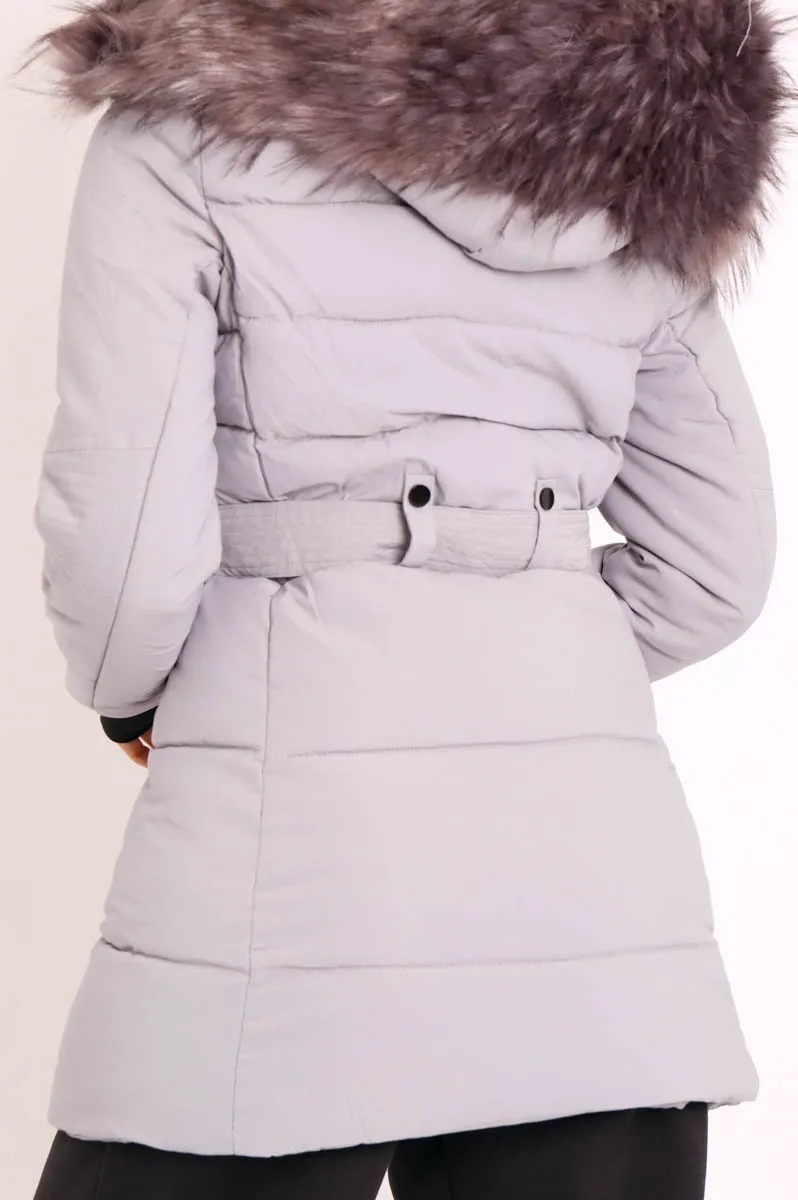 Grey Adjustable Waist Longline Puffer Coat - Zofia