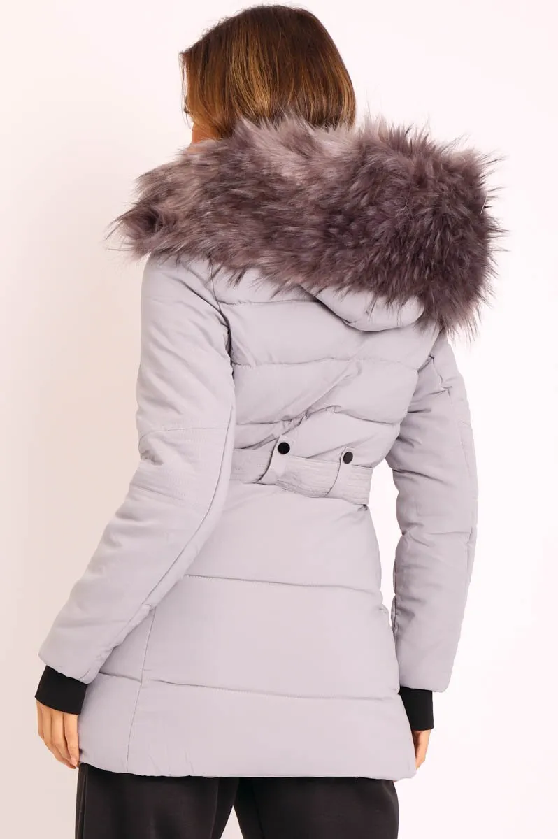 Grey Adjustable Waist Longline Puffer Coat - Zofia