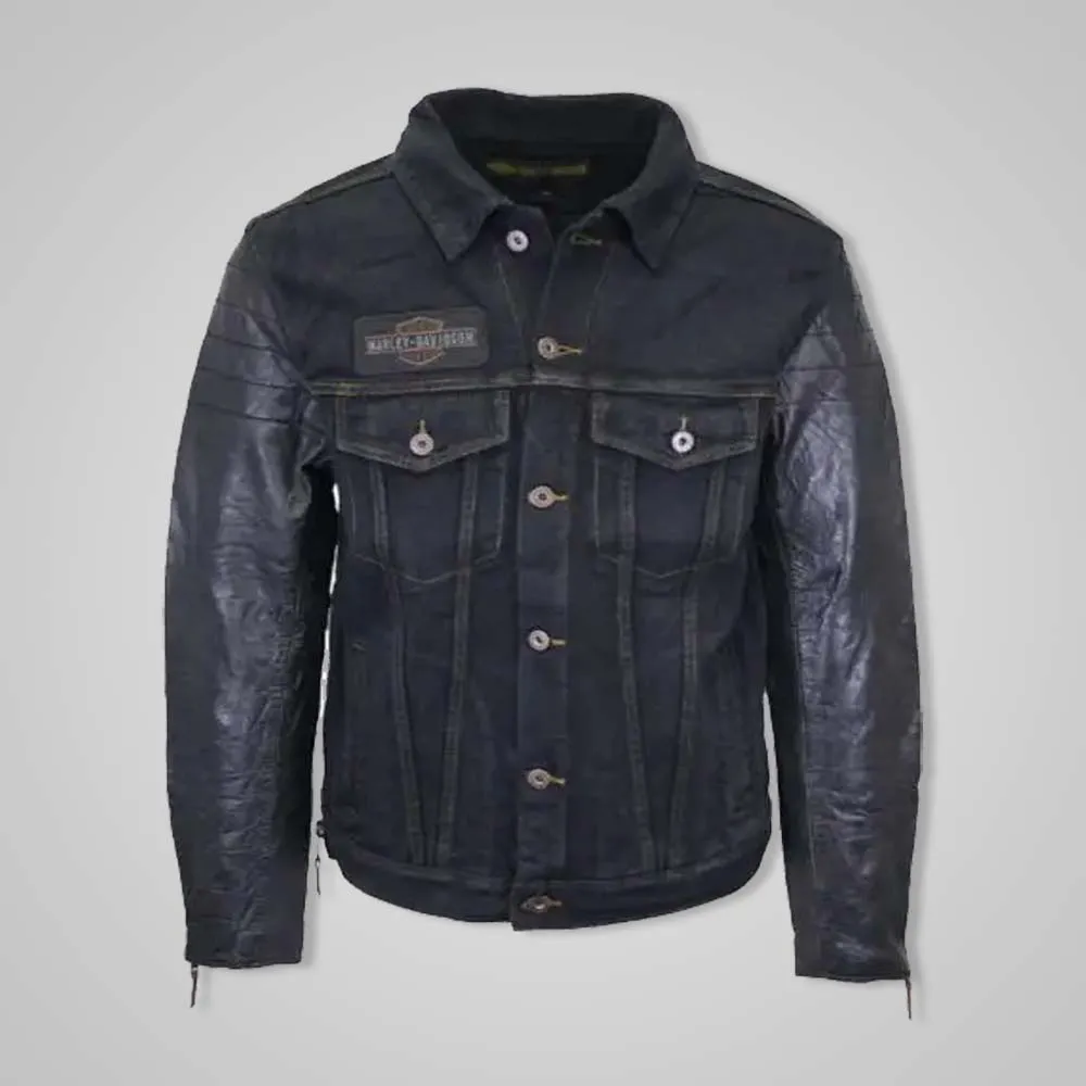 Harley Davidson Men’s Denim Jacket with Leather Sleeves