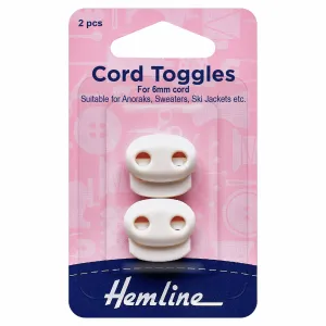 Hemline White Twin Hole Adjustable Cord Toggles - 6mm (Pack of 2)