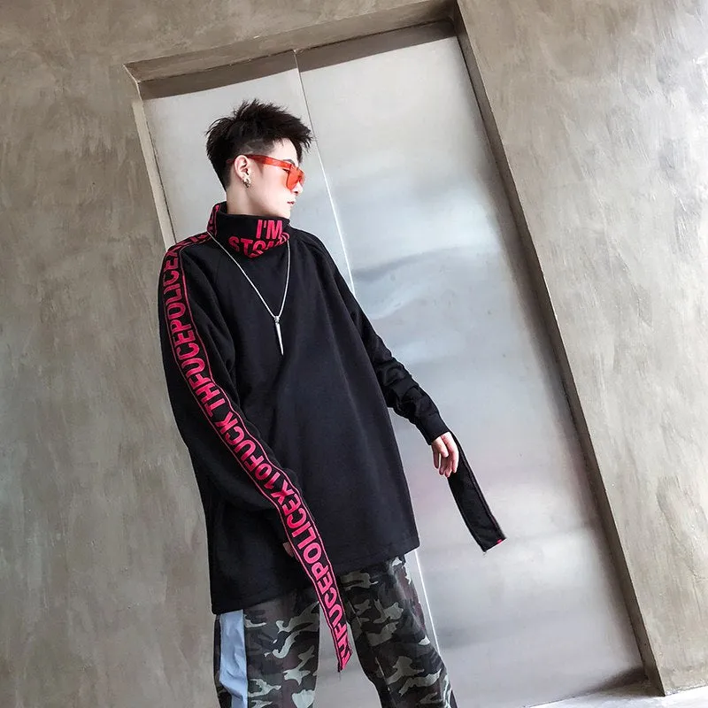 Hip Hop High Turtleneck Style Men Pullover Shirt with Patched Letter Sleeve