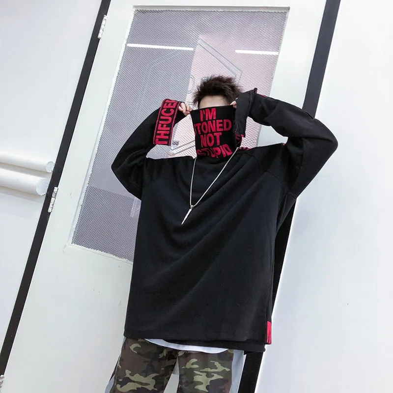 Hip Hop High Turtleneck Style Men Pullover Shirt with Patched Letter Sleeve