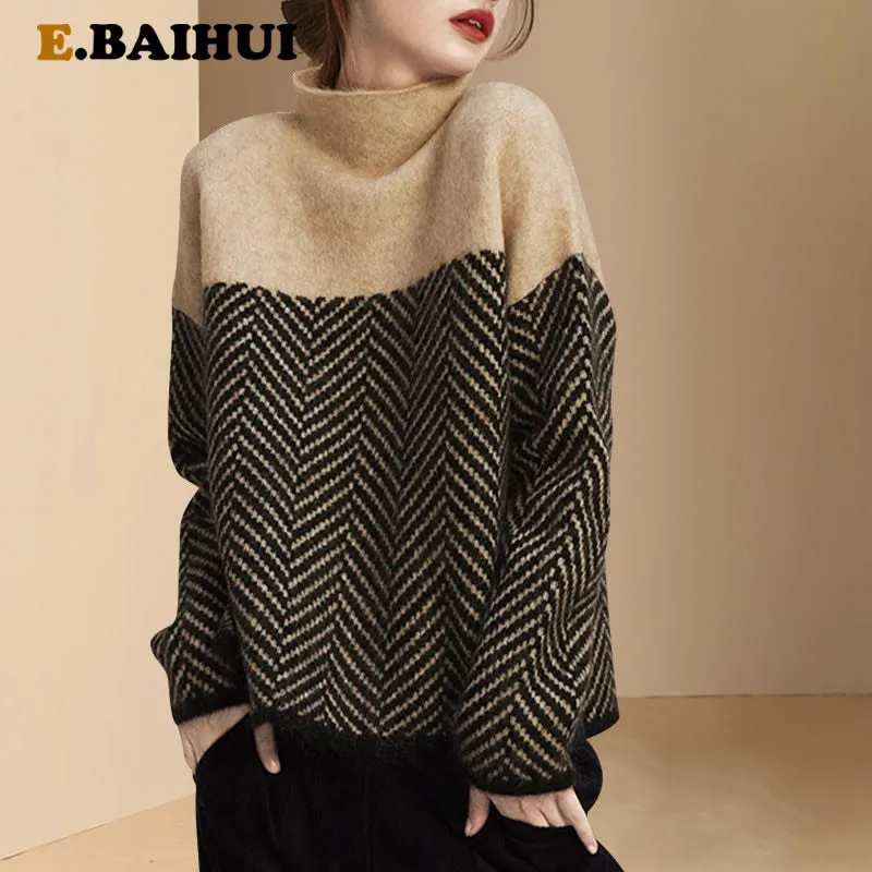 Joskaa Christmas Gift EBAIHUI New 2024 Autumn Spring Knitting Turtleneck Pullovers Loose Sweater Multi Color Bottoming Long Sleeve Minimalism Sweater