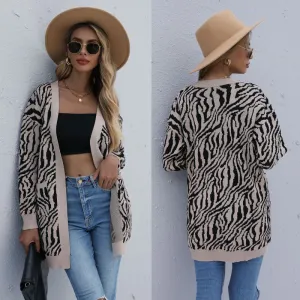 Khaki Zebra Print Cardigan Sweater