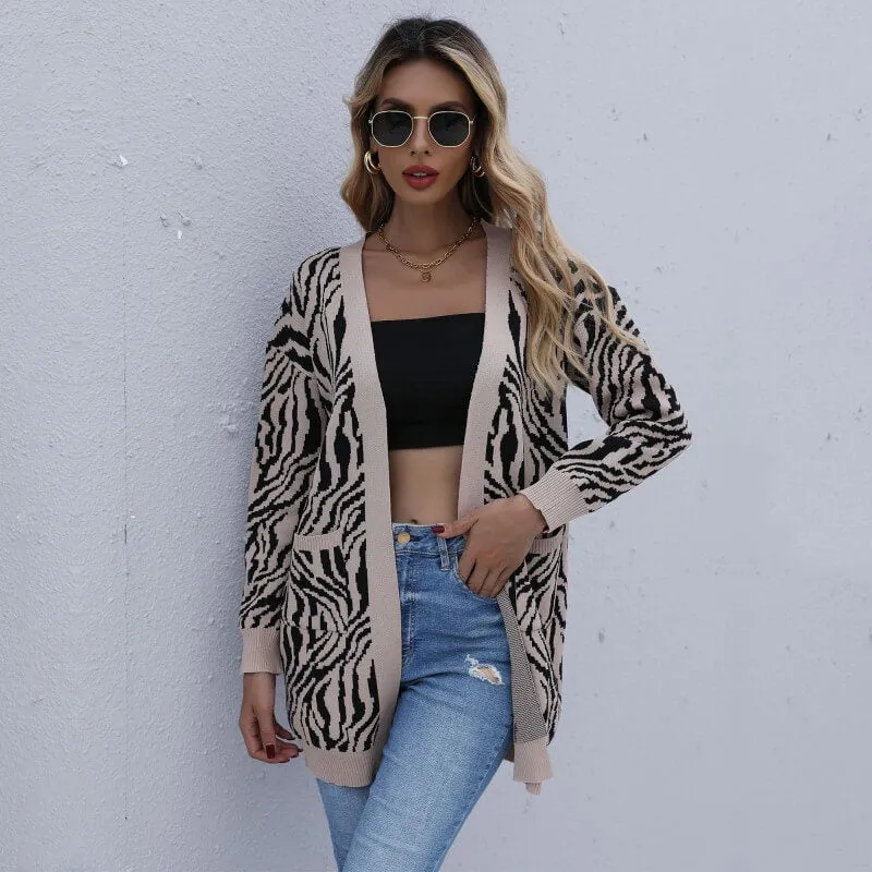 Khaki Zebra Print Cardigan Sweater