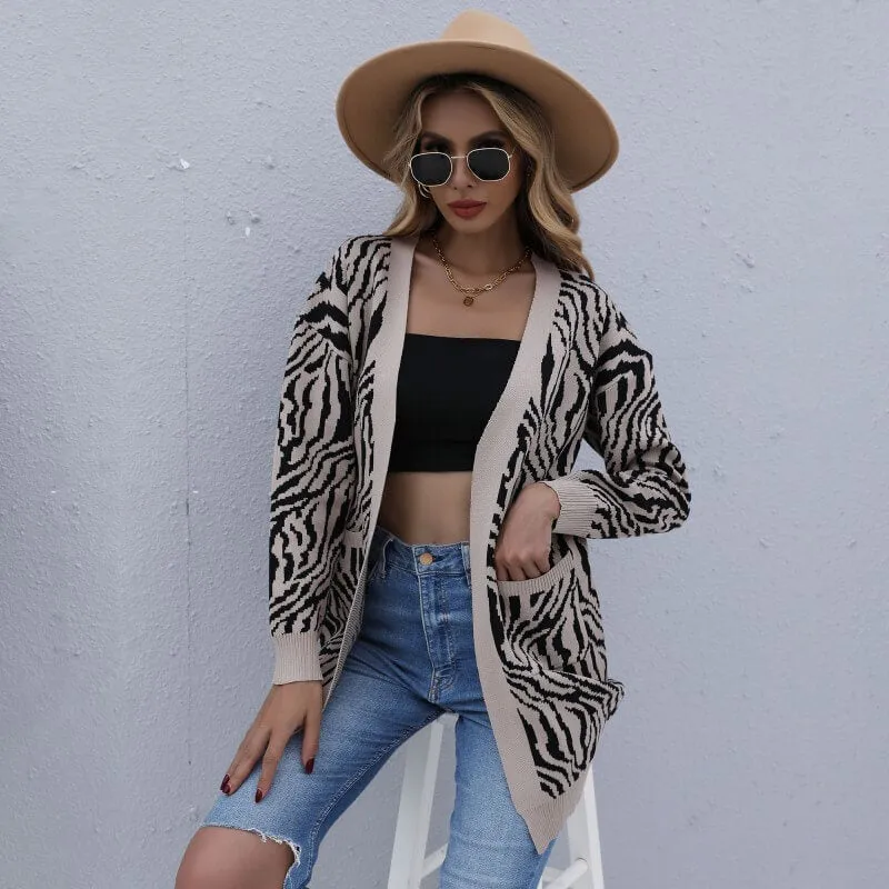 Khaki Zebra Print Cardigan Sweater