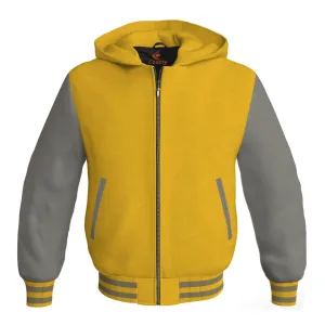 Letterman Bomber Hoodie Jacket Yellow/Gold Body Gray Leather Sleeves