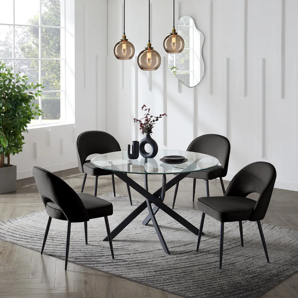 Livorno Black Leg Glass Dining Table & 4 Tiago Chairs, Black Velvet