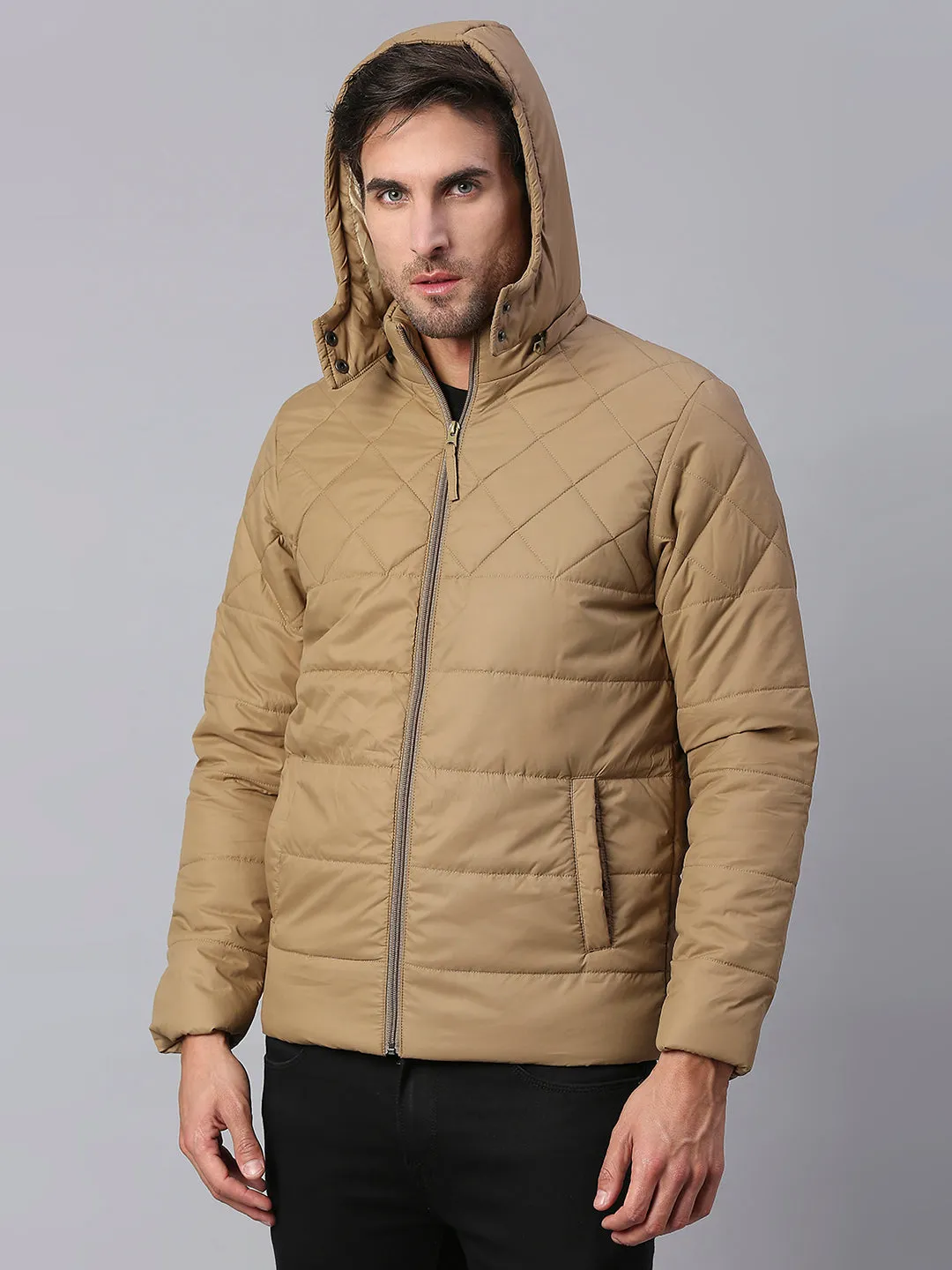 Men's Brown Regular Fit Hooded Winterwear Puffer Jackets