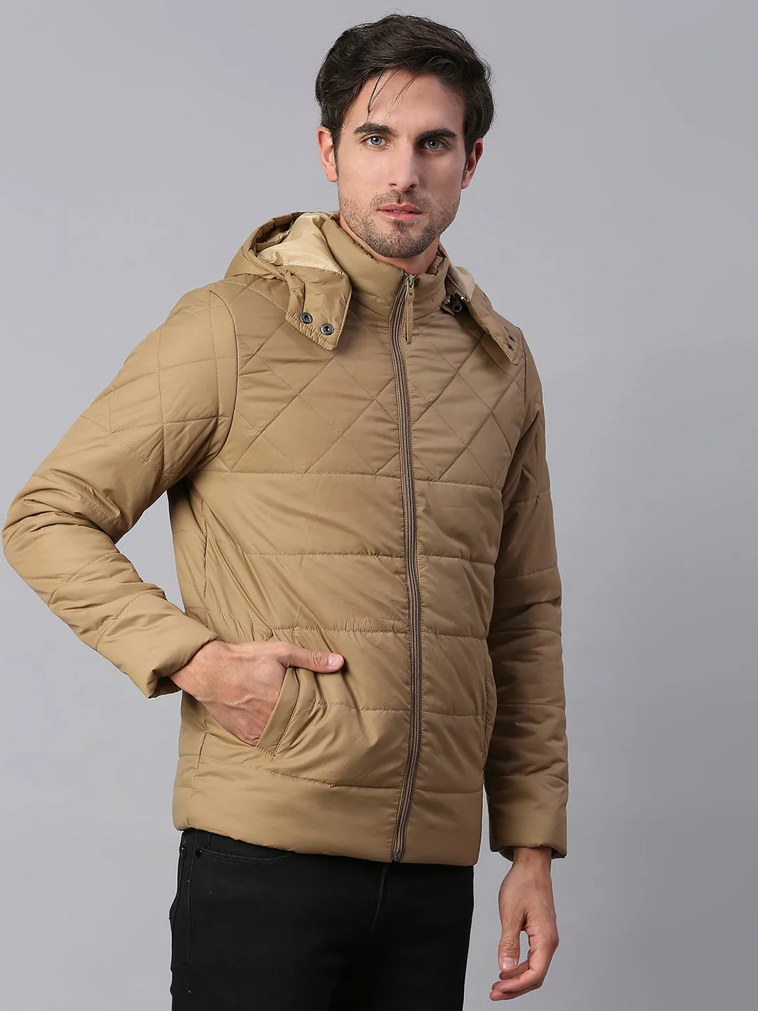 Men's Brown Regular Fit Hooded Winterwear Puffer Jackets