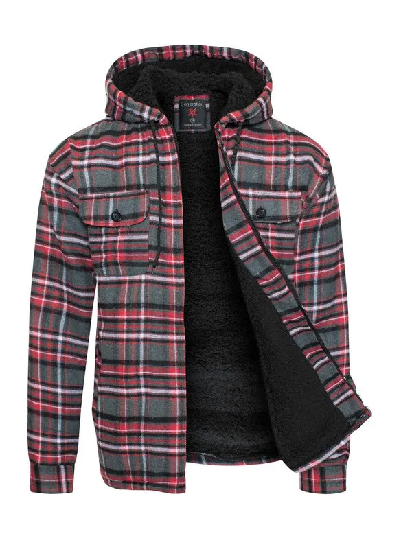 Men's Flannel Sherpa Lined Jacket with Hood