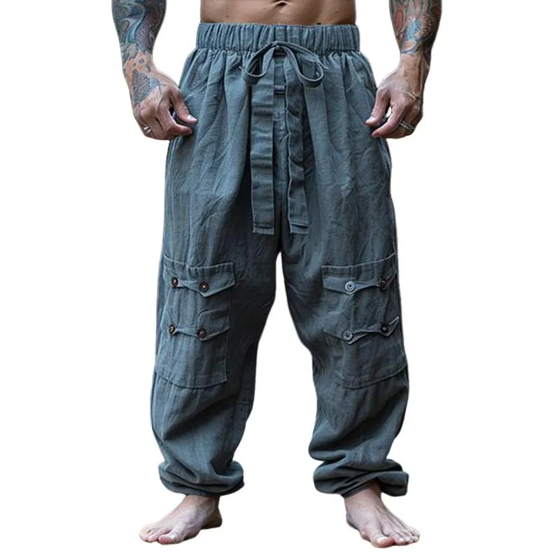 Men's Retro Casual Linen Breathable Loose Long Pants 20590087TO