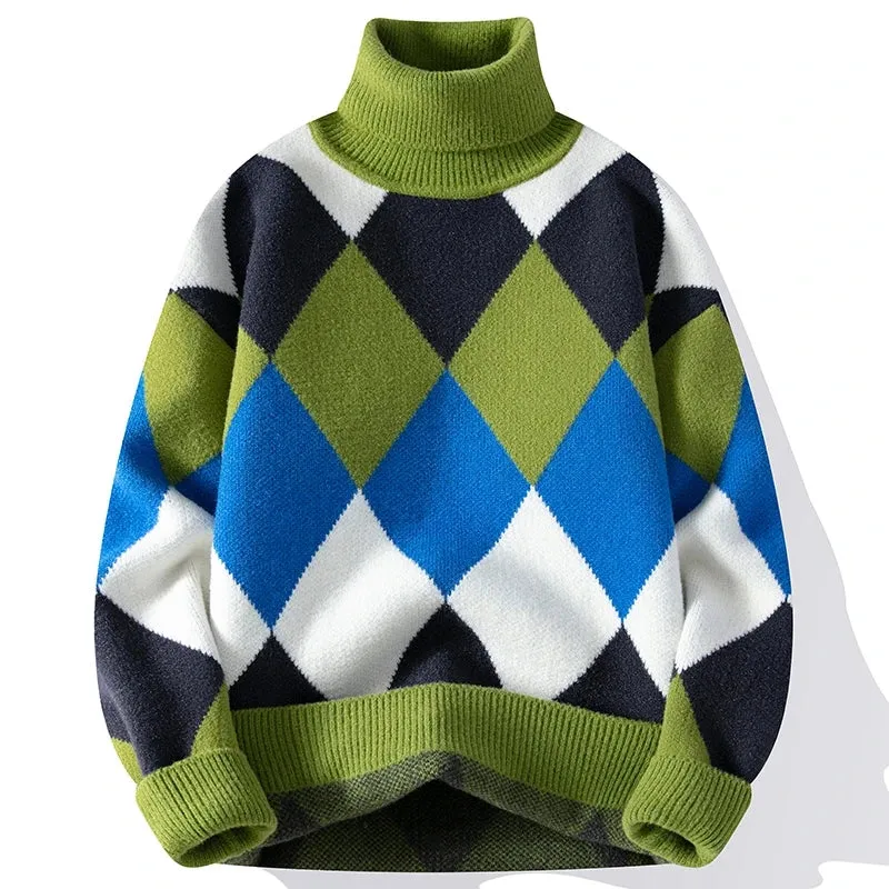 Multicolor Plaid Thick Turtleneck Sweater