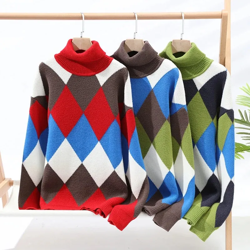 Multicolor Plaid Thick Turtleneck Sweater