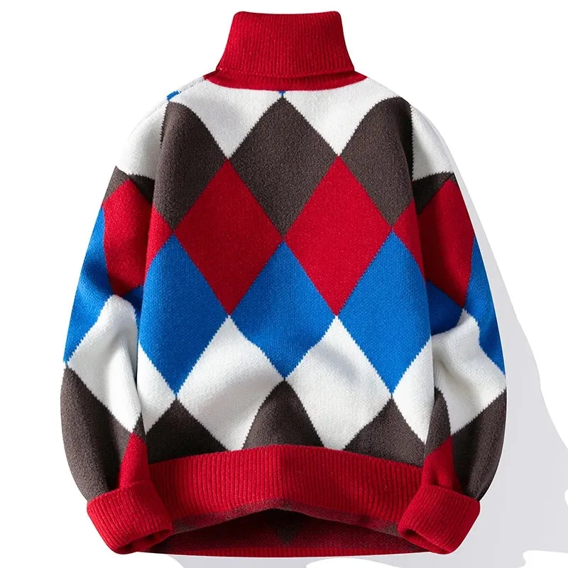 Multicolor Plaid Thick Turtleneck Sweater