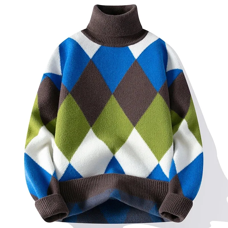 Multicolor Plaid Thick Turtleneck Sweater