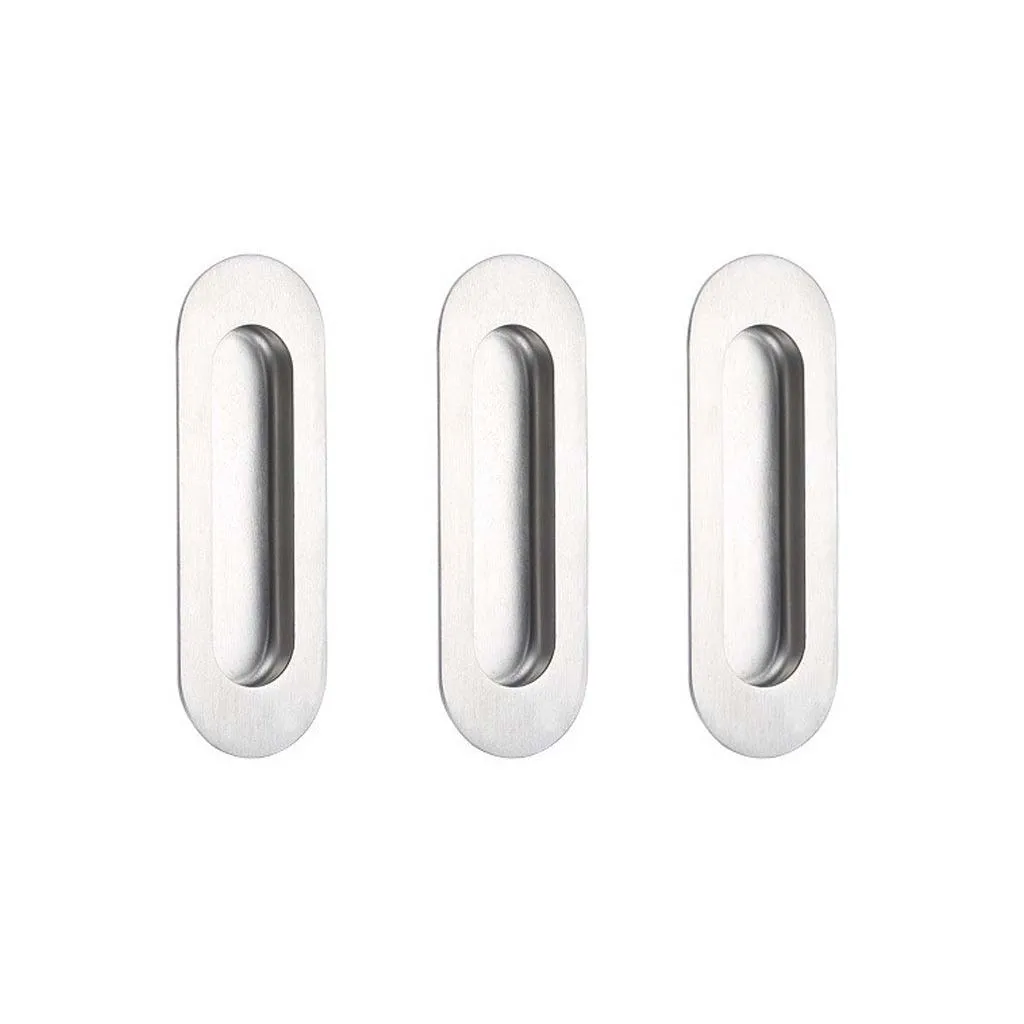 Pack of Three Burbank 120mm Sliding Door Oval Flush Pulls - Satin Stainless Steel