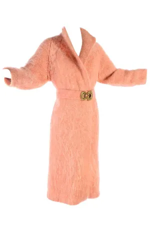 Peach Pink Vintage Mohair Coat With Belt & Decorative Bronze Clasp