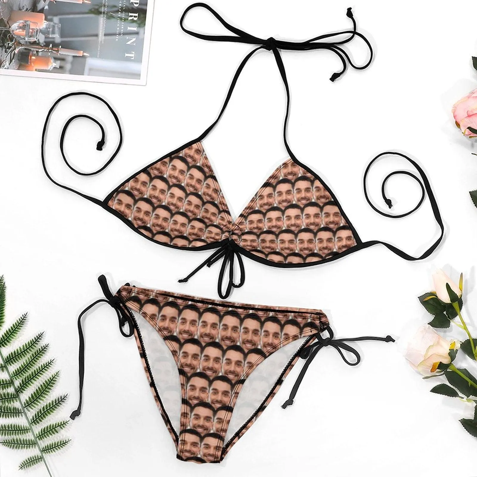 #Plus Size Halter Trikini-Custom Seamless Face Plus Size Swimsuit String Link Halter Tie Side Low Waisted Triangle Bikini Personalized Bathing Suit