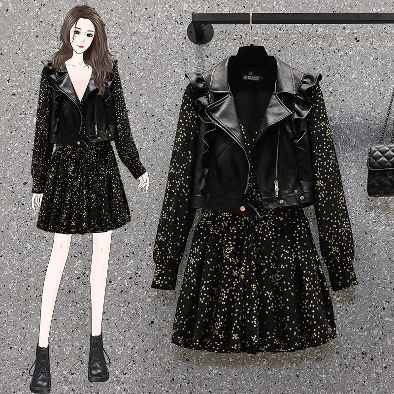 Purpdrank - Vest Coat Women Faux Leather Vests and Long Sleeve Short Dresses New Jacket Women Sets Black Coat Female Two Piece Set