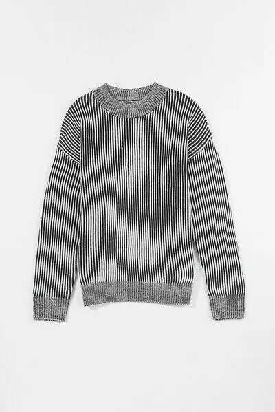 Striped Mock Neck Dropped Shoulder Sweater