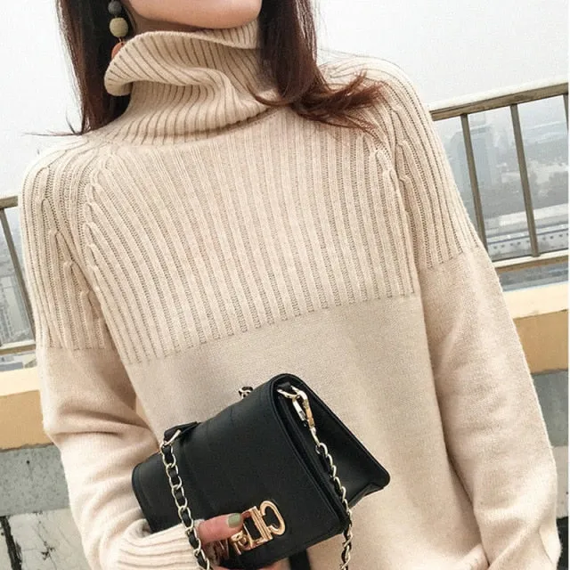 Sweater Women Turtleneck Pullovers Solid Stretch Striped Korean Top Knit Plus Size Harajuku Spring Fall Clothes Beige Khaki