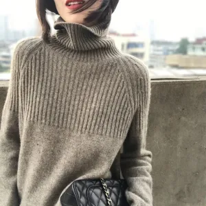 Sweater Women Turtleneck Pullovers Solid Stretch Striped Korean Top Knit Plus Size Harajuku Spring Fall Clothes Beige Khaki