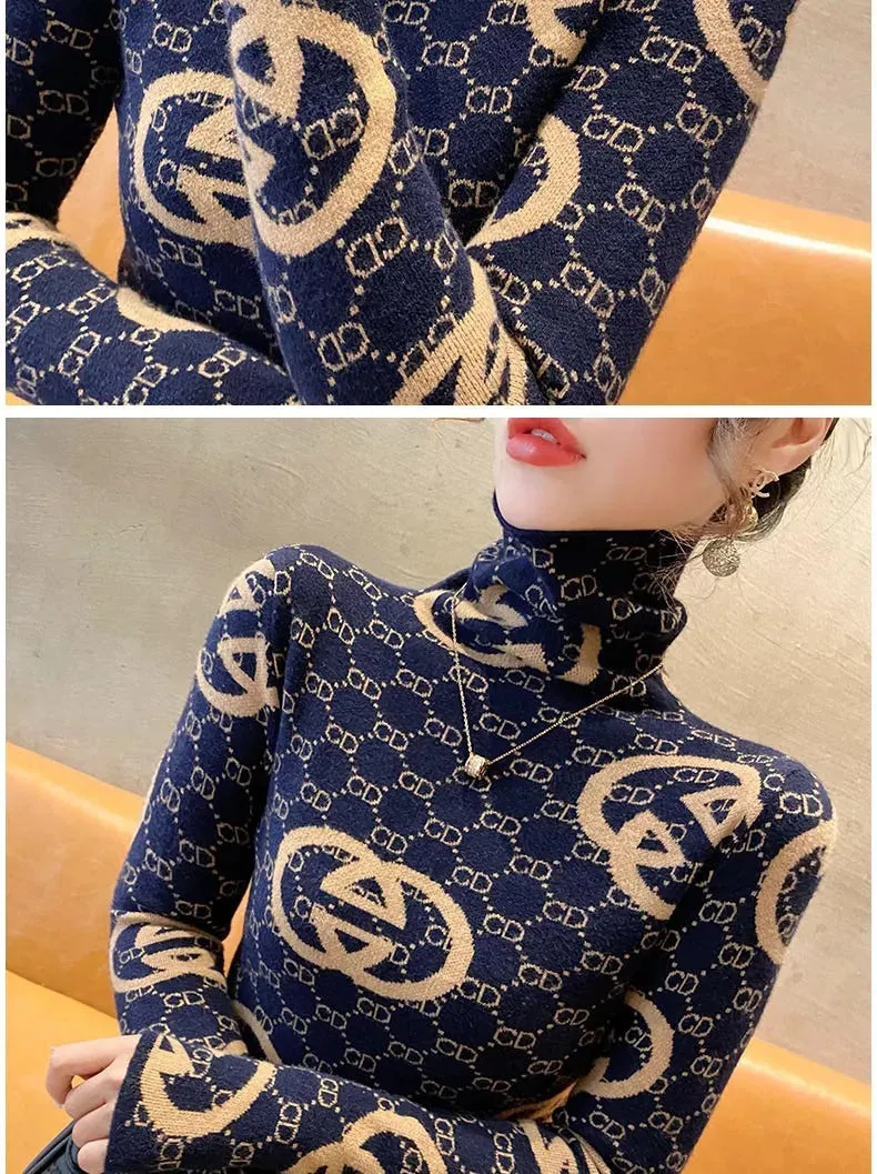 Women Clothing Vintage Jacquard Knitwear Autumn Winter Slim Knitted Turtleneck Pullovers Fashion Comfortable Wool Sweaters