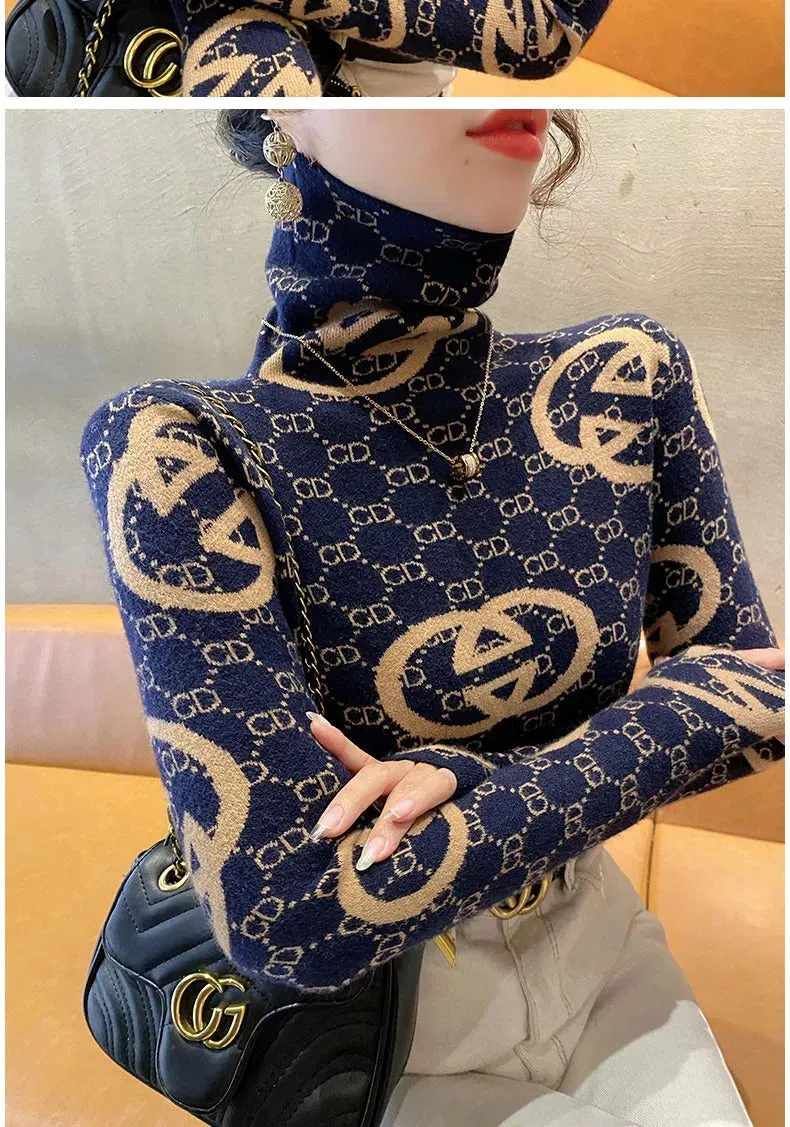 Women Clothing Vintage Jacquard Knitwear Autumn Winter Slim Knitted Turtleneck Pullovers Fashion Comfortable Wool Sweaters