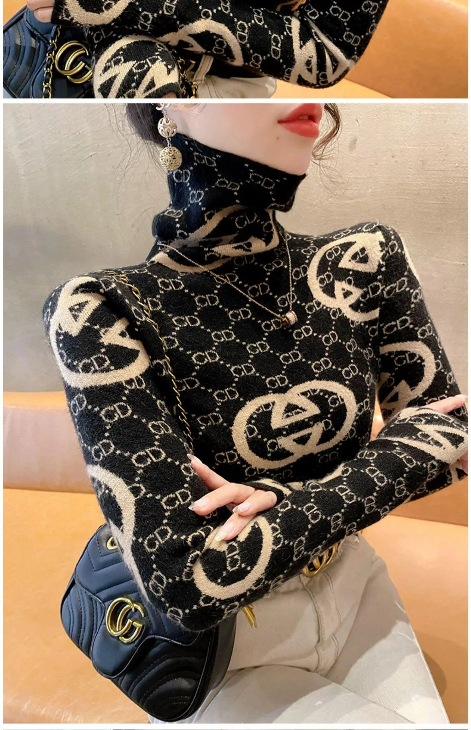 Women Clothing Vintage Jacquard Knitwear Autumn Winter Slim Knitted Turtleneck Pullovers Fashion Comfortable Wool Sweaters