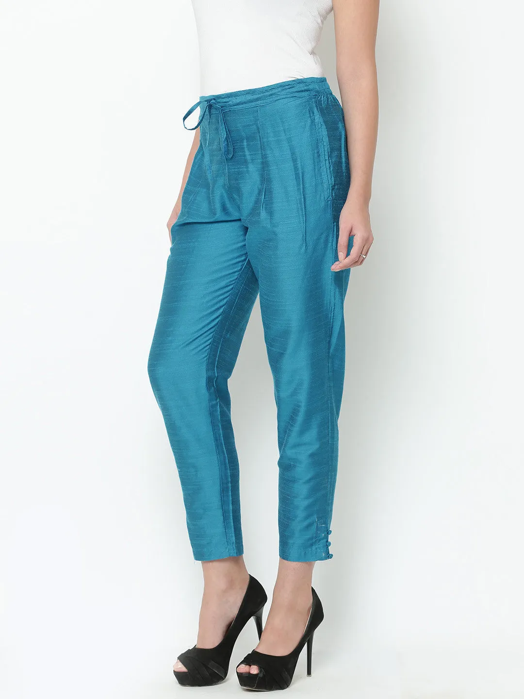 Women Turquoise Dupion Solid Trouser