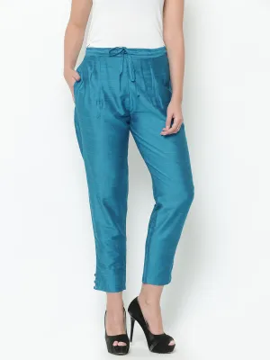 Women Turquoise Dupion Solid Trouser