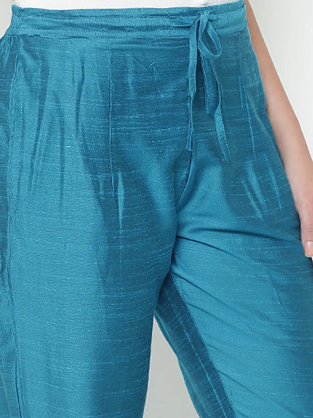 Women Turquoise Dupion Solid Trouser