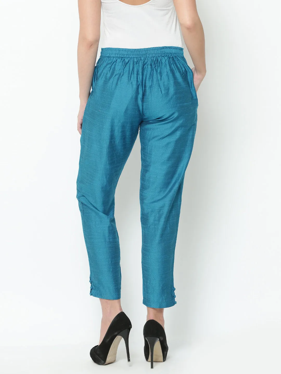 Women Turquoise Dupion Solid Trouser