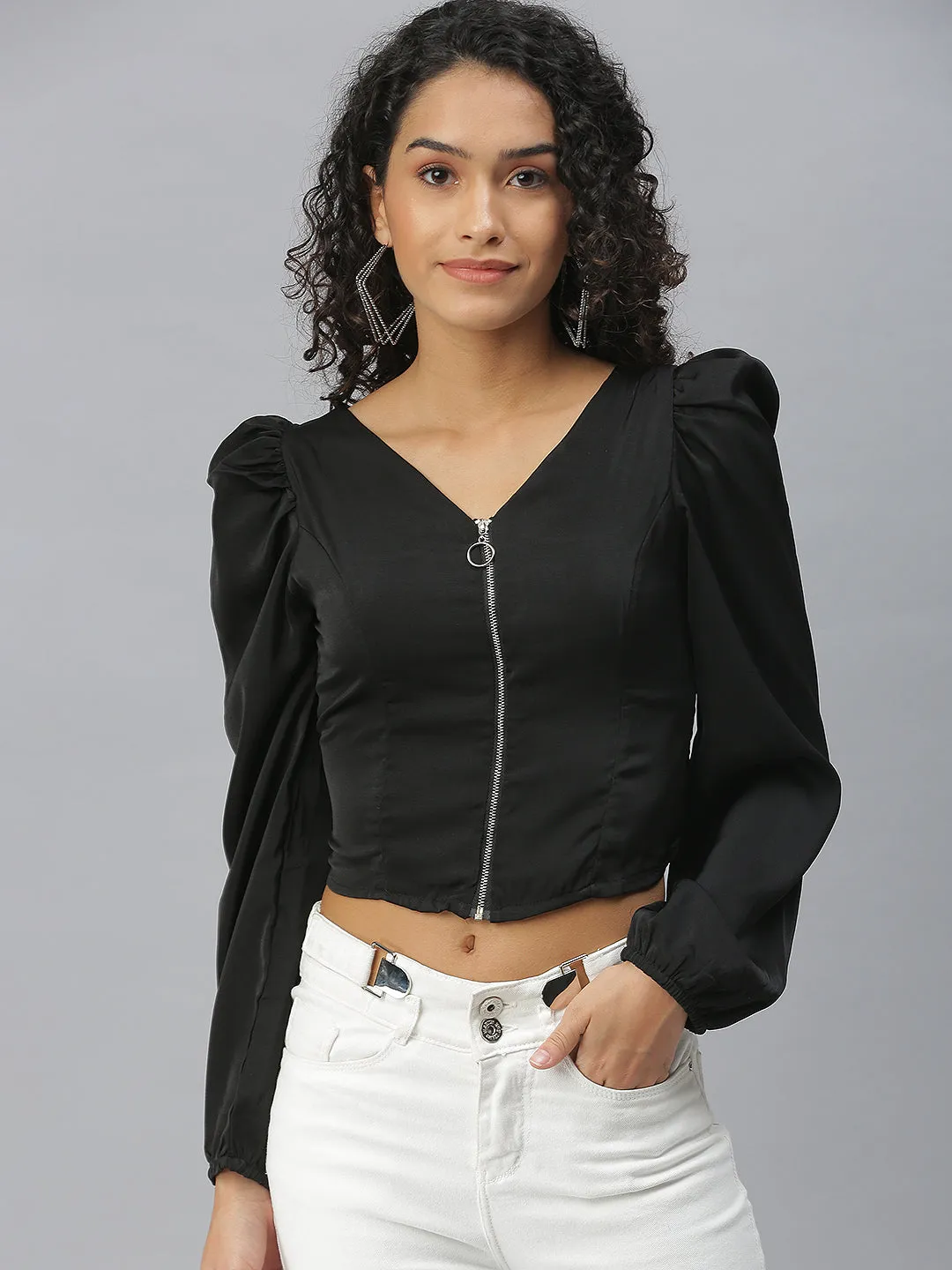 Women V-Neck Solid Black Fitted Top