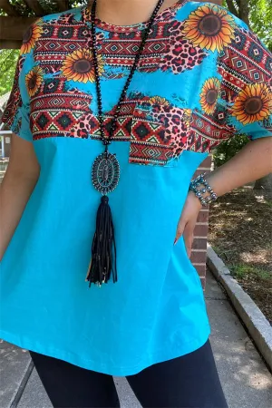 XCH12481 Sunflower &Aztec multi color printed Turquoise short sleeves women tops (GS12)